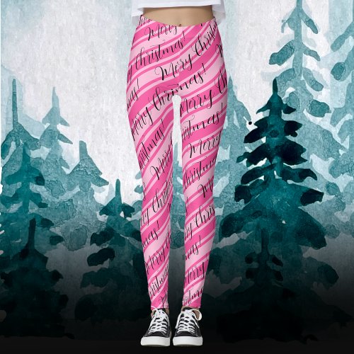 Cute Stripe Candy Cane Pink Merry Christmas Leggings