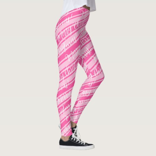 Cute Stripe Candy Cane White Pink Merry Christmas Leggings