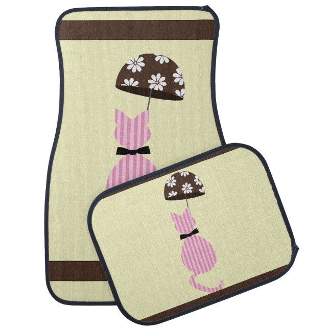 Cute Stripe Cat with Umbrella Car Mat (Set)