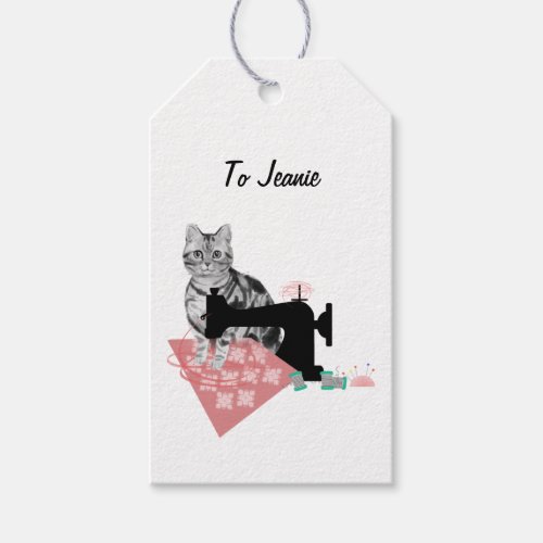 Cute Striped Cat with a Sewing Machine Gift Tags