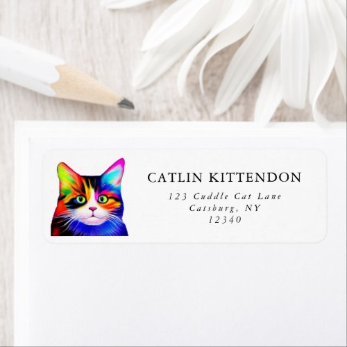Cute Striped Multicolored Rainbow Cat Typography Label
