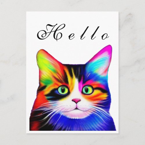 Cute Striped Multicolored Rainbow Hello Cat Art Postcard