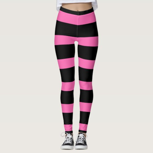 Cute Striped Pattern in Black and Bubblegum Pink Leggings