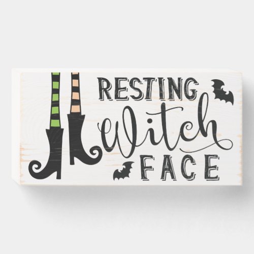 Cute Striped Stockings Boots Resting Witch Face Wooden Box Sign