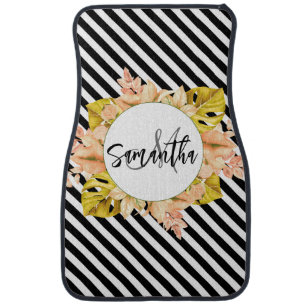 Cute Stripes and Floral Monogram Car Floor Mat