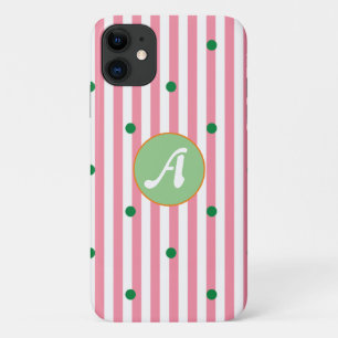 Cute stripes pattern monogrammed pink green dots iPhone 11 case