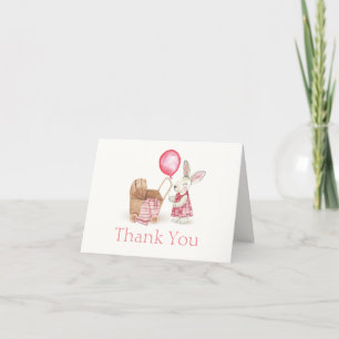 Cute Stroller Bunny Balloon Girl Baby Shower  Thank You Card