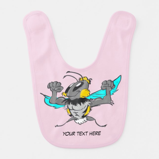 Cute Strong Bumble Bee Cartoon Cust. Text Baby Bib (Front)
