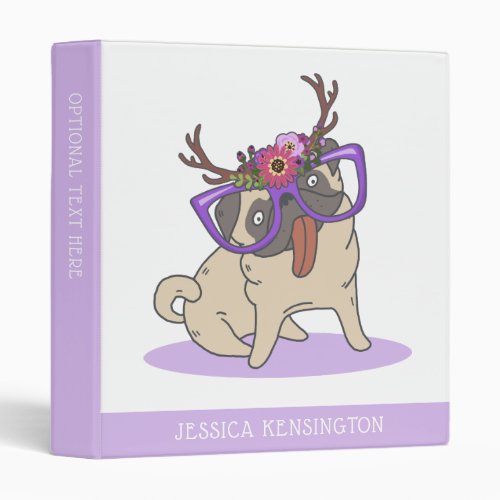 Cute Studious Boho Pugs in Glasses on Purple 3 Ring Binder