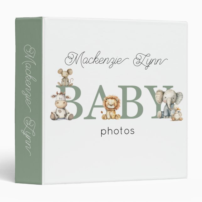 Cute Stuffed Animals Sage Green Baby Photos 3 Ring Binder (Front/Spine)