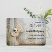 Cute Stuffed Bear Rustic Wood Backdrop Baby Shower Invitation (Standing Front)