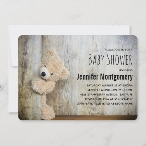 Cute Stuffed Bear Rustic Wood Backdrop Baby Shower Invitation