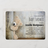 Cute Stuffed Bear Rustic Wood Backdrop Baby Shower Invitation (Front/Back)