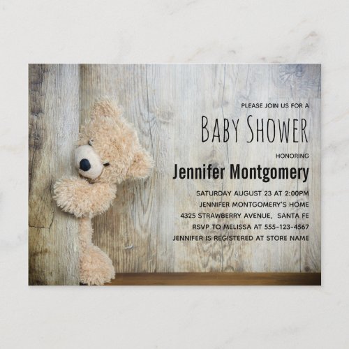 Cute Stuffed Bear Rustic Wood Backdrop Baby Shower Invitation Postcard