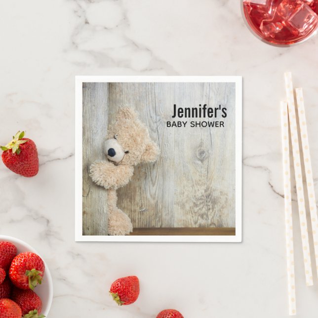 Cute Stuffed Bear Rustic Wooden Back Baby Shower Napkins (Insitu)