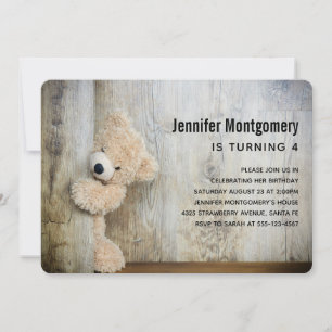Cute Stuffed Bear Rustic Wooden Backdrop Birthday Invitation