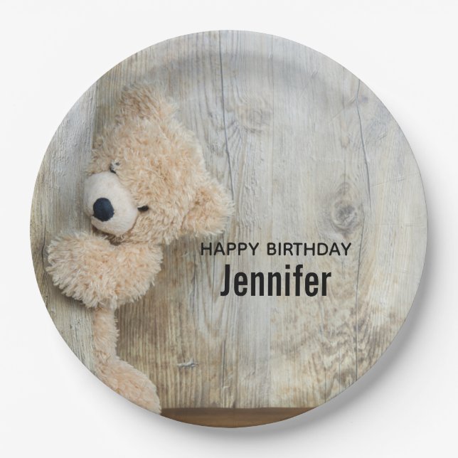Cute Stuffed Bear Rustic Wooden Backdrop Birthday Paper Plates (Front)