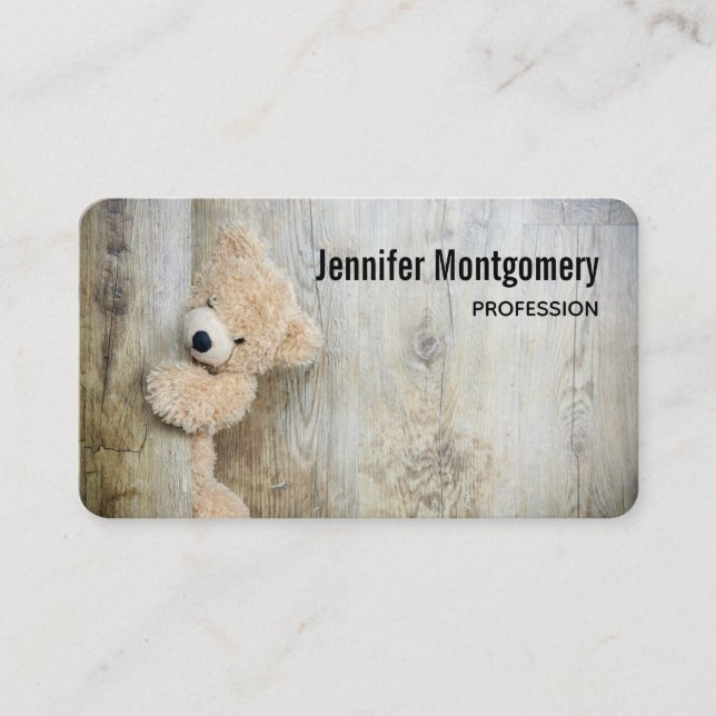 Cute Stuffed Bear Rustic Wooden Backdrop Business Card (Front)