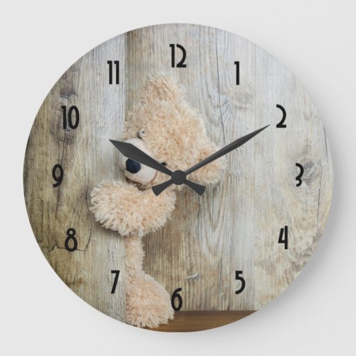 Cute Stuffed Bear Rustic Wooden Backdrop Large Clock