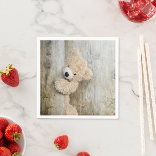 Cute Stuffed Bear Rustic Wooden Backdrop Napkins