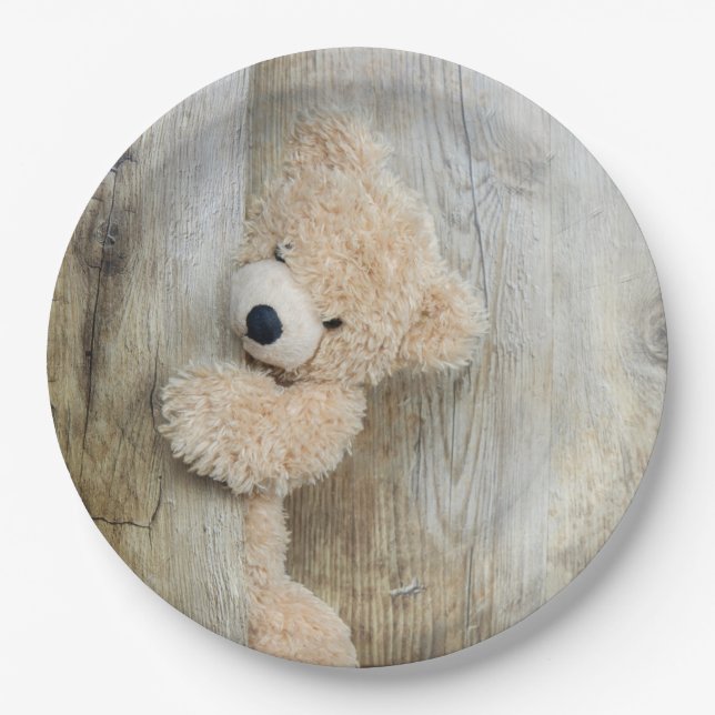 Cute Stuffed Bear Rustic Wooden Backdrop Paper Plates (Front)