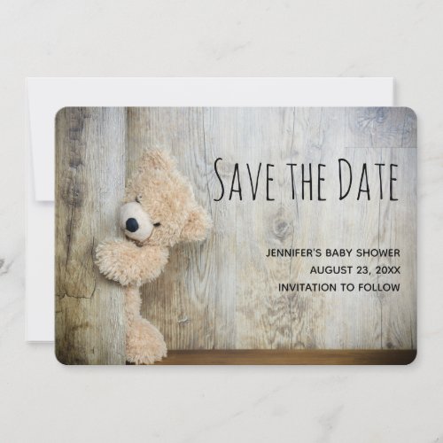 Cute Stuffed Bear Rustic Wooden Backdrop Save The Date