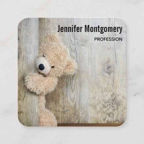 Cute Stuffed Bear Rustic Wooden Backdrop Square Business Card