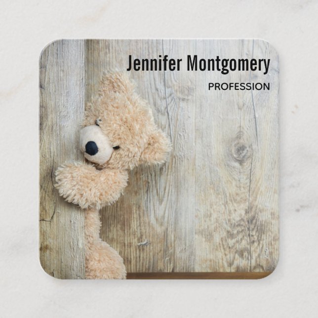Cute Stuffed Bear Rustic Wooden Backdrop Square Business Card (Front)
