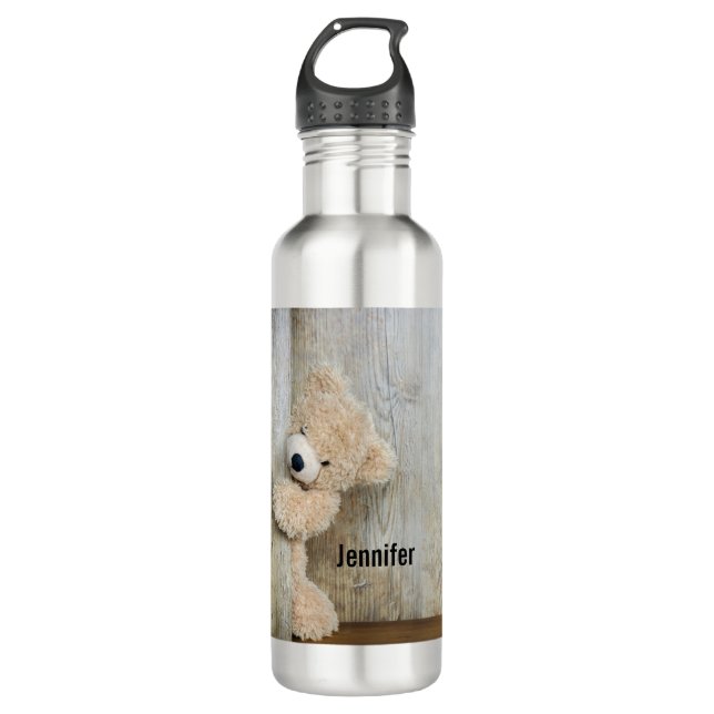 Cute Stuffed Bear Rustic Wooden Backdrop Stainless Steel Water Bottle (Front)