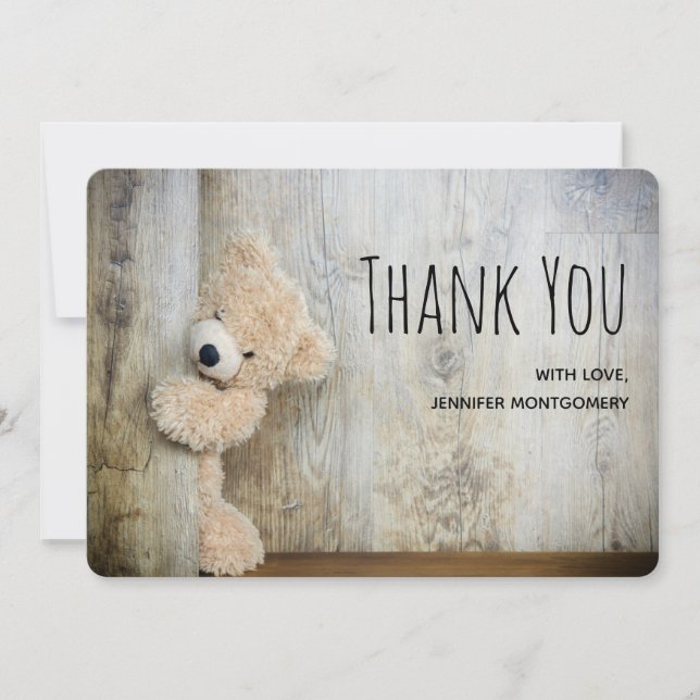 Cute Stuffed Bear Rustic Wooden Backdrop Thank You (Front)