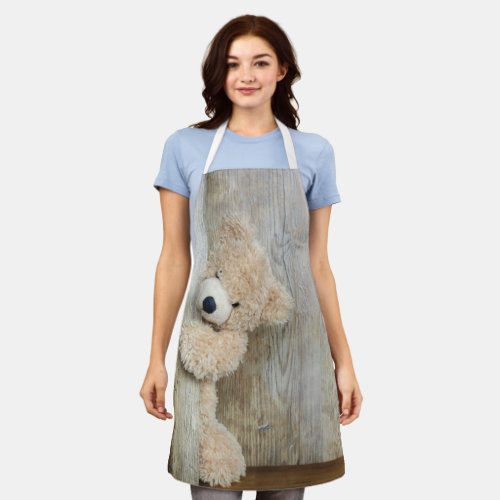 Cute Stuffed Bear Rustic Wooden Wall Apron