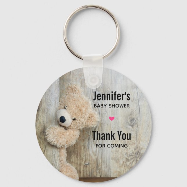 Cute Stuffed Bear Rustic Wooden Wall Baby Shower Keychain (Front)