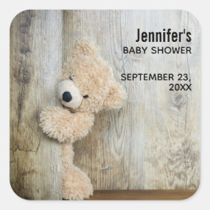 Cute Stuffed Bear Rustic Wooden Wall Baby Shower Square Sticker