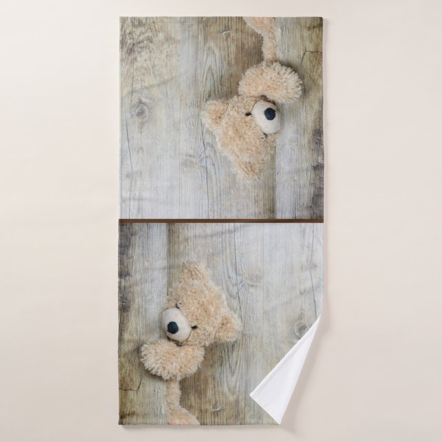 Cute Stuffed Bear Rustic Wooden Wall Bath Towel Set (Bath Towel)