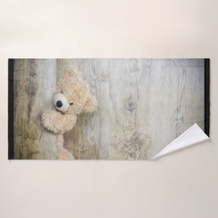 Cute Stuffed Bear Rustic Wooden Wall Bath Towel Set