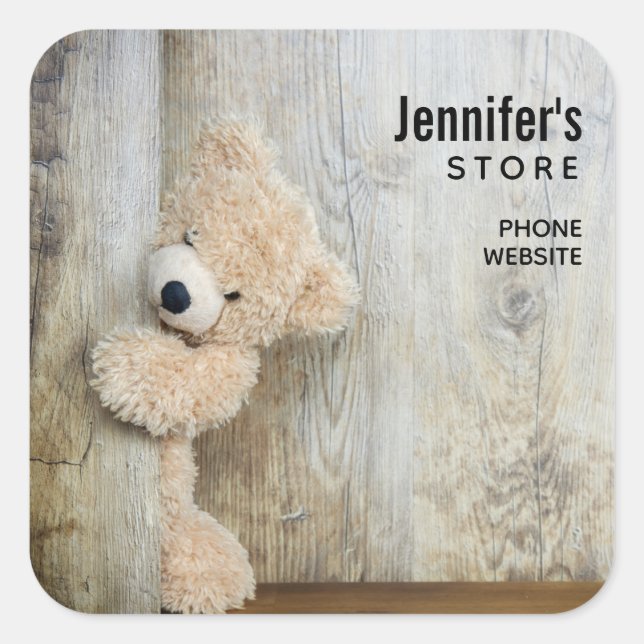 Cute Stuffed Bear Rustic Wooden Wall Business Square Sticker (Front)