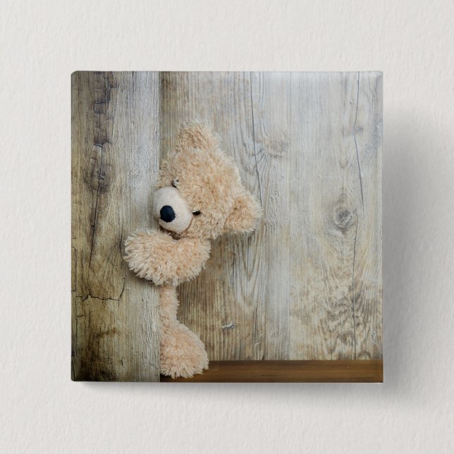 Cute Stuffed Bear Rustic Wooden Wall Button (Front)