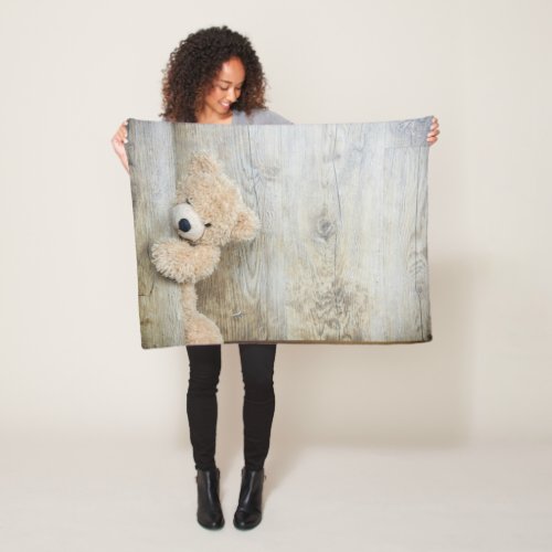 Cute Stuffed Bear Rustic Wooden Wall Fleece Blanket