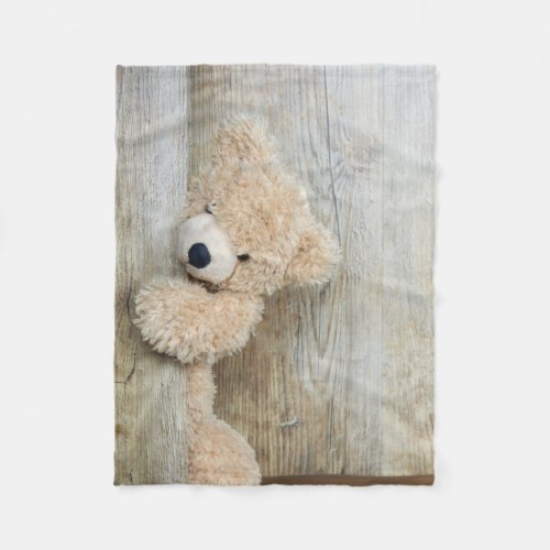 Cute Stuffed Bear Rustic Wooden Wall Fleece Blanket