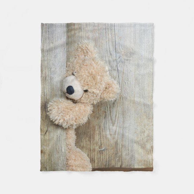 Cute Stuffed Bear Rustic Wooden Wall Fleece Blanket (Front)