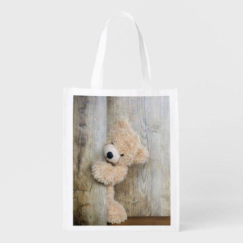 Cute Stuffed Bear Rustic Wooden Wall Grocery Bag