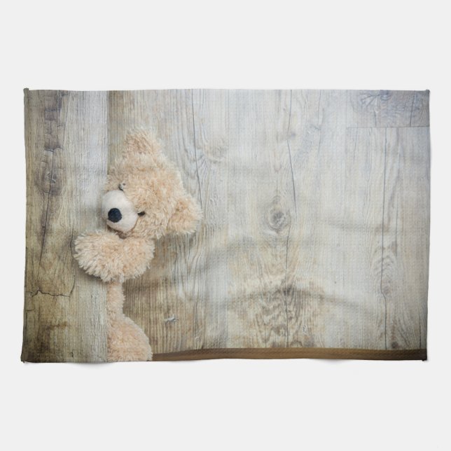 Cute Stuffed Bear Rustic Wooden Wall Kitchen Towel (Horizontal)