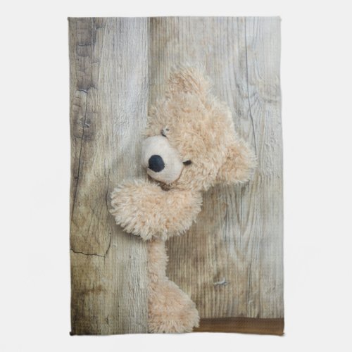 Cute Stuffed Bear Rustic Wooden Wall Kitchen Towel