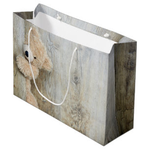 Cute Stuffed Bear Rustic Wooden Wall Large Gift Bag