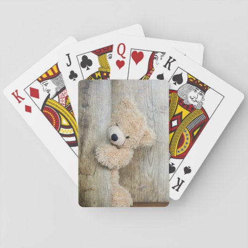  Cute Stuffed Bear Rustic Wooden Wall Playing Cards