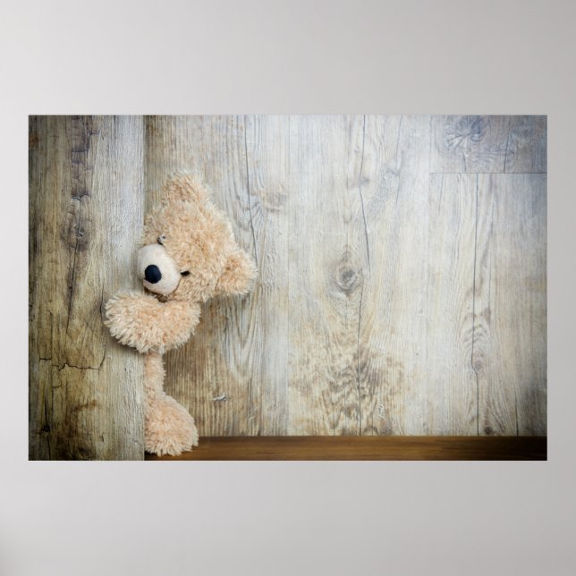 Cute Stuffed Bear Rustic Wooden Wall Poster (Front)