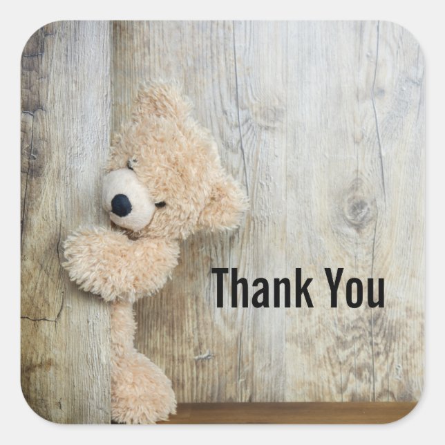 Cute Stuffed Bear Rustic Wooden Wall Thank You Square Sticker (Front)
