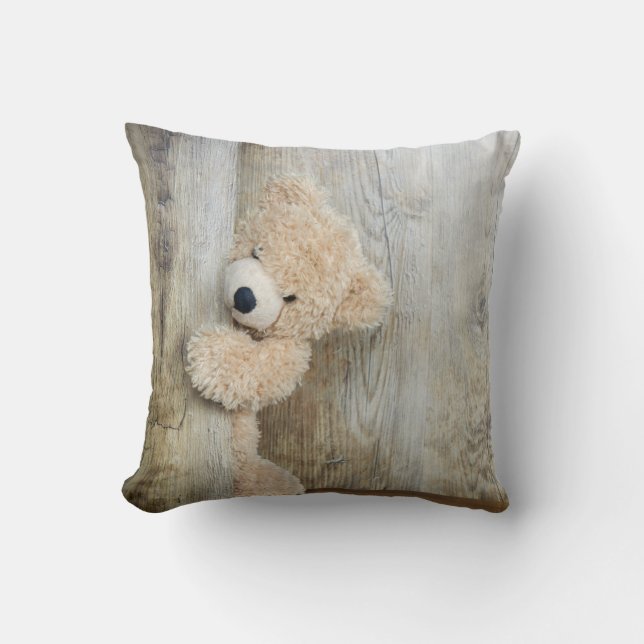 Cute Stuffed Bear Rustic Wooden Wall Throw Pillow (Front)