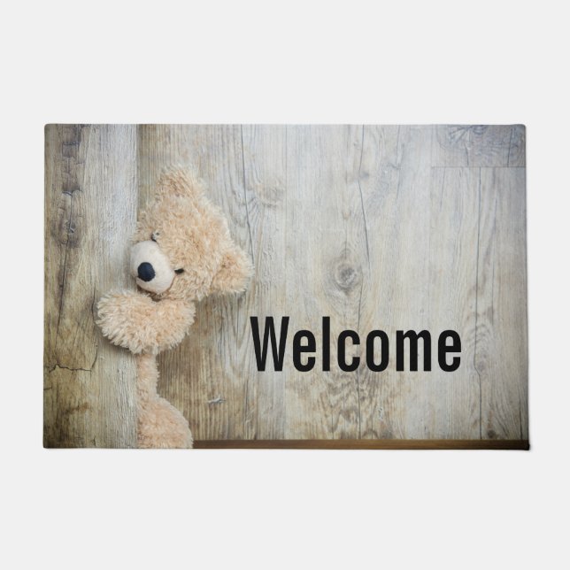 Cute Stuffed Bear Rustic Wooden Wall Welcome Doormat (Front)