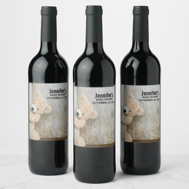 Cute Stuffed Bear Rustic Wooden Wall Wine Label (Bottles)
